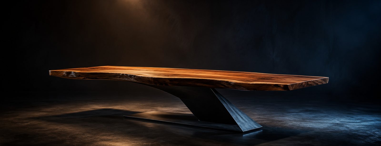 Live-edge wood slab table on a single cantilevered blackened-steel base, lit by one overhead light in a dark studio