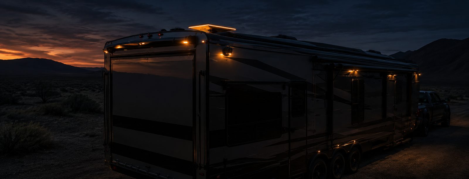 Luxury toy-hauler trailer at dusk in open desert, roof-mounted satellite dish and security camera pods glowing amber
