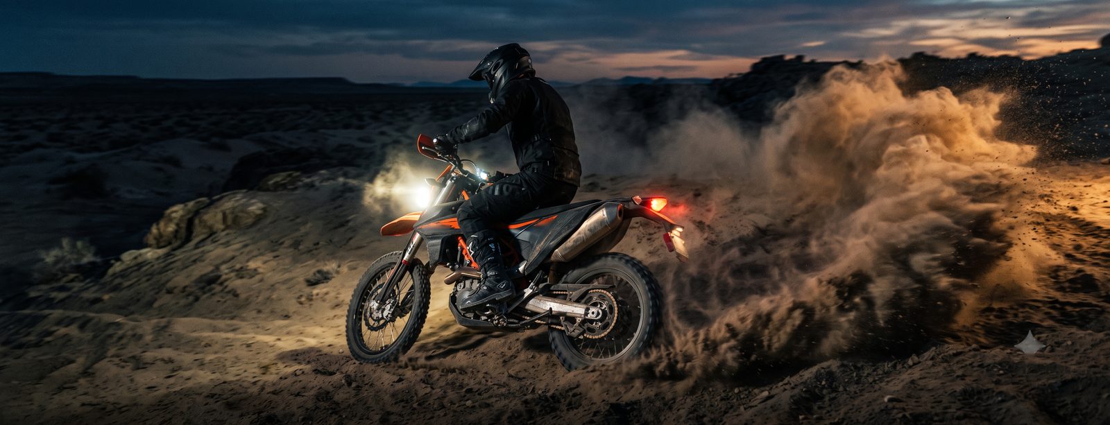 Enduro motorcycle crossing the desert at dusk, headlight cutting through a roost of dust kicked off the rear wheel