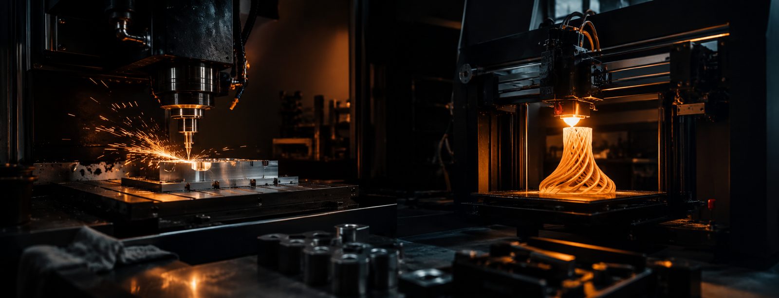 Dark production floor: a CNC spindle throwing sparks off a billet beside a 3D printer laying glowing layers